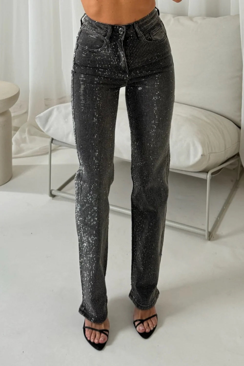CHARCOAL EMBELLISHED DENIM JEANS
