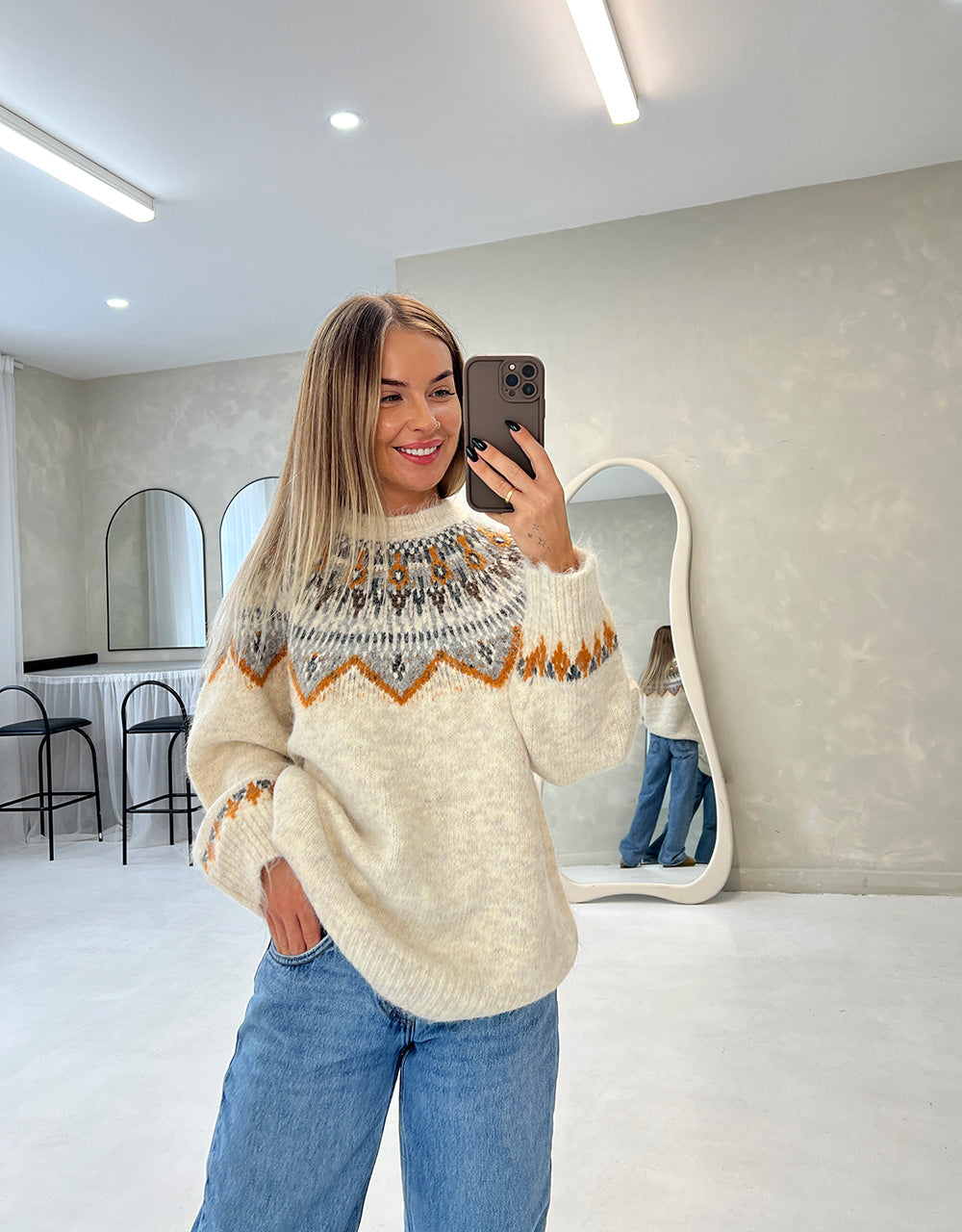 CREAM KNITTED NORDIC PATTERN JUMPER
