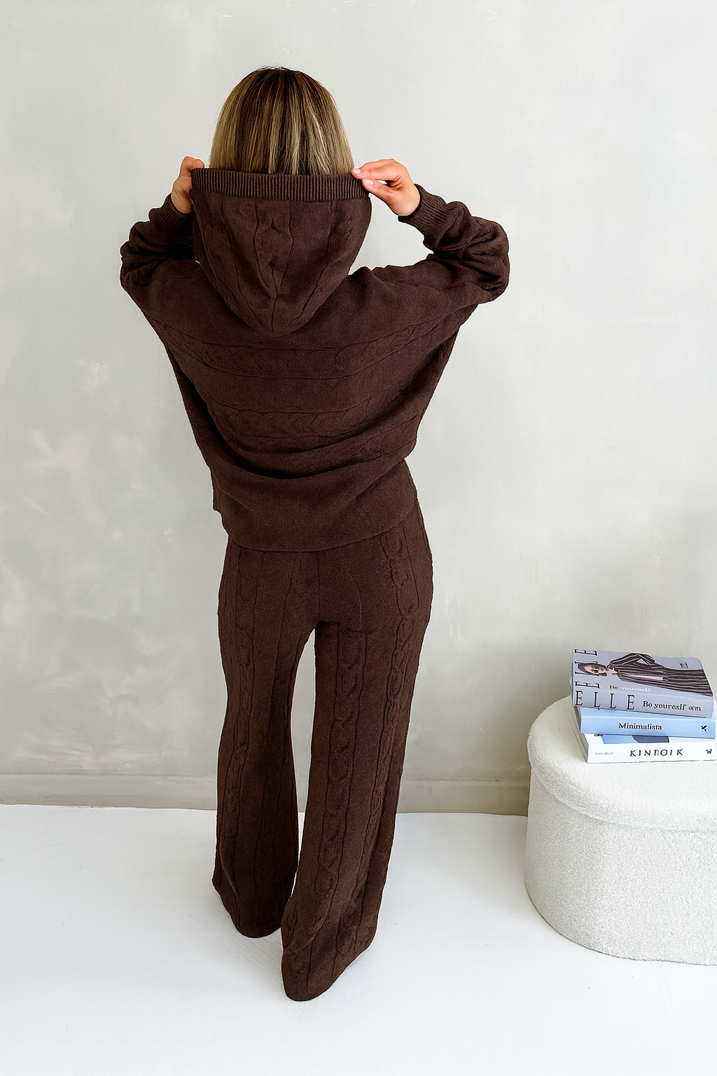 KNITTED HOODED TOP AND WIDE LEG LOUNGE SET IN CHOCOLATE