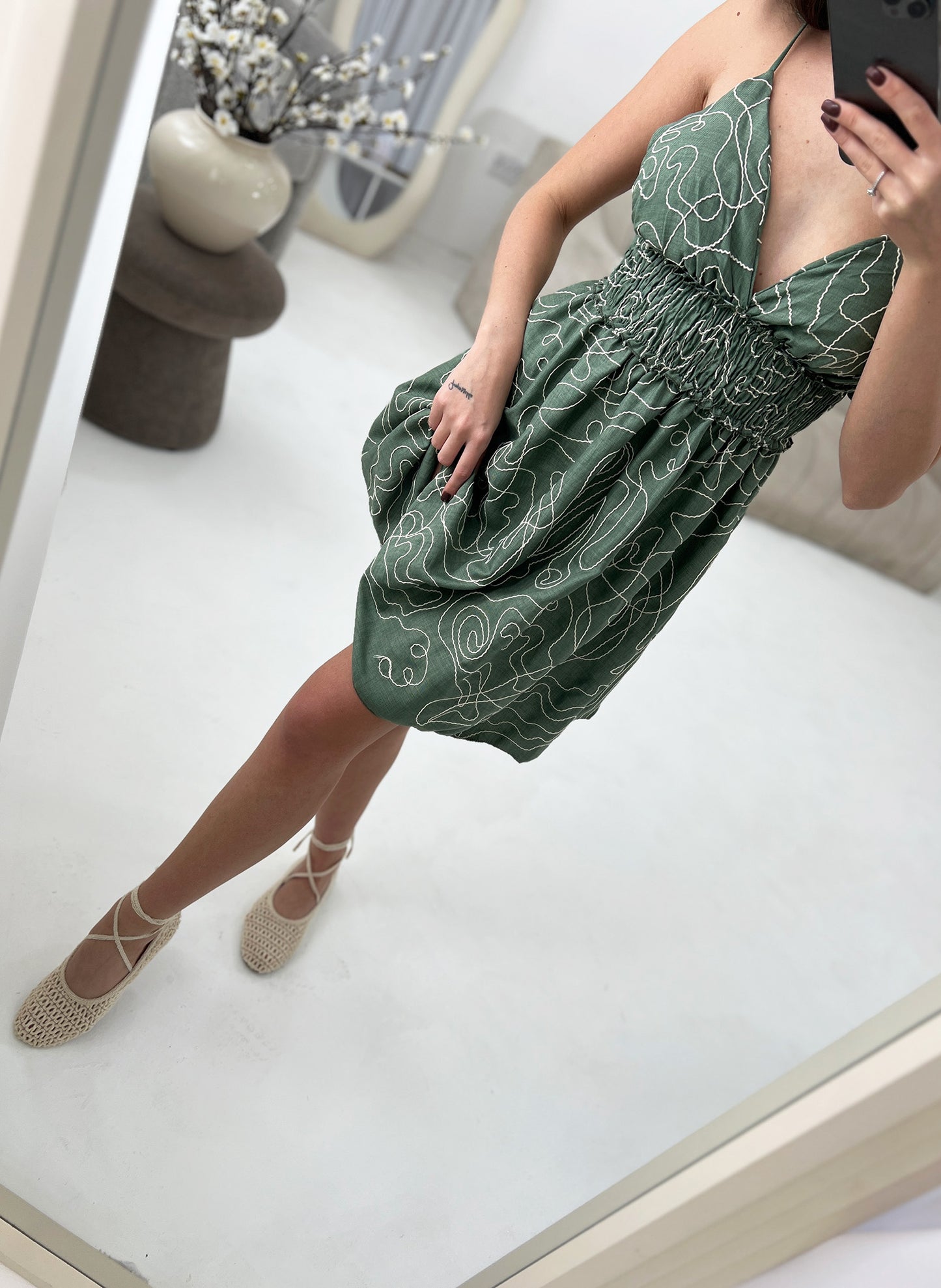 TIE SHOULDER SHIRRED WAIST MINI DRESS - Angeleene