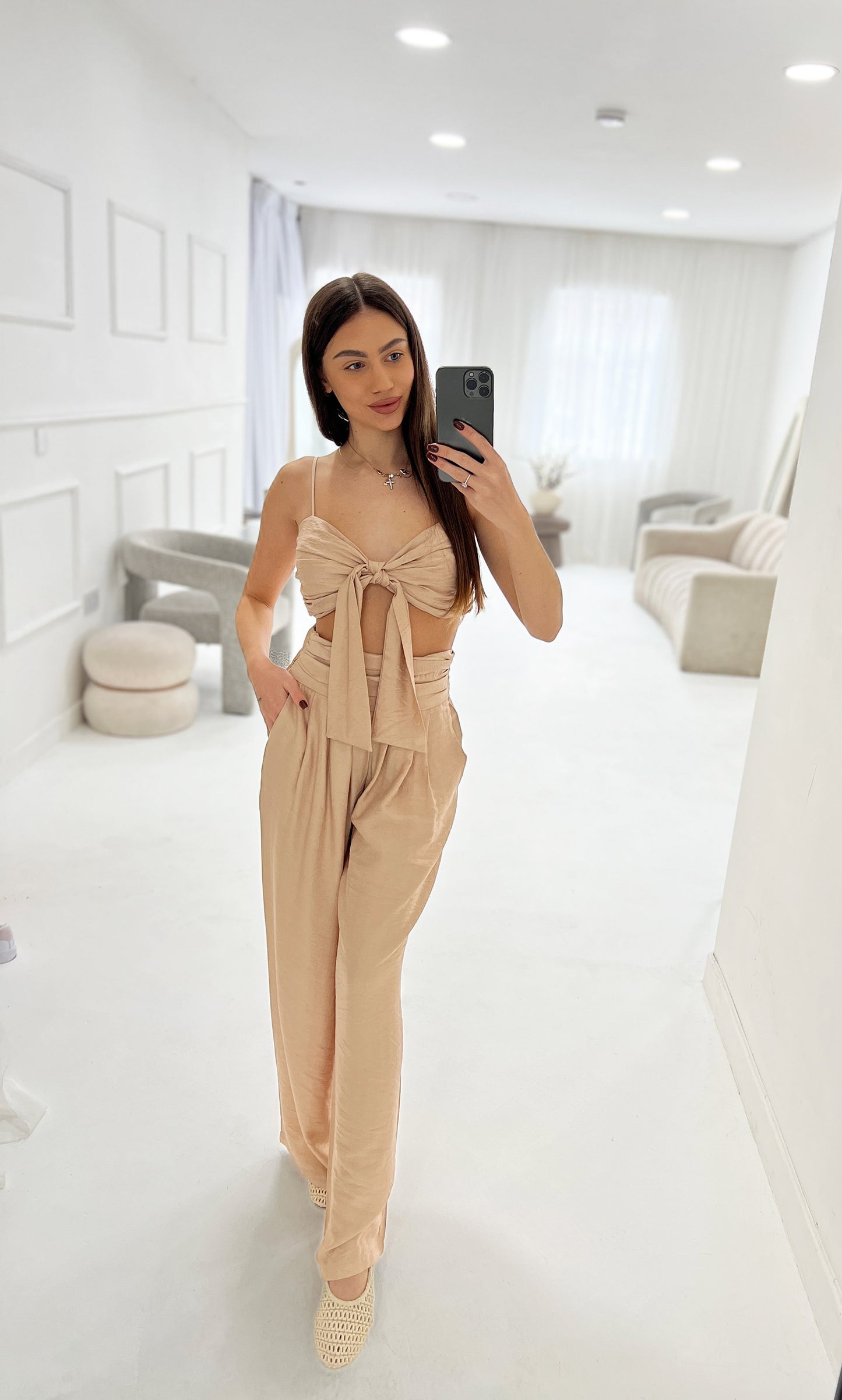 TIE FRONT TOP AND WIDE LEG TROUSER SET - Angeleene