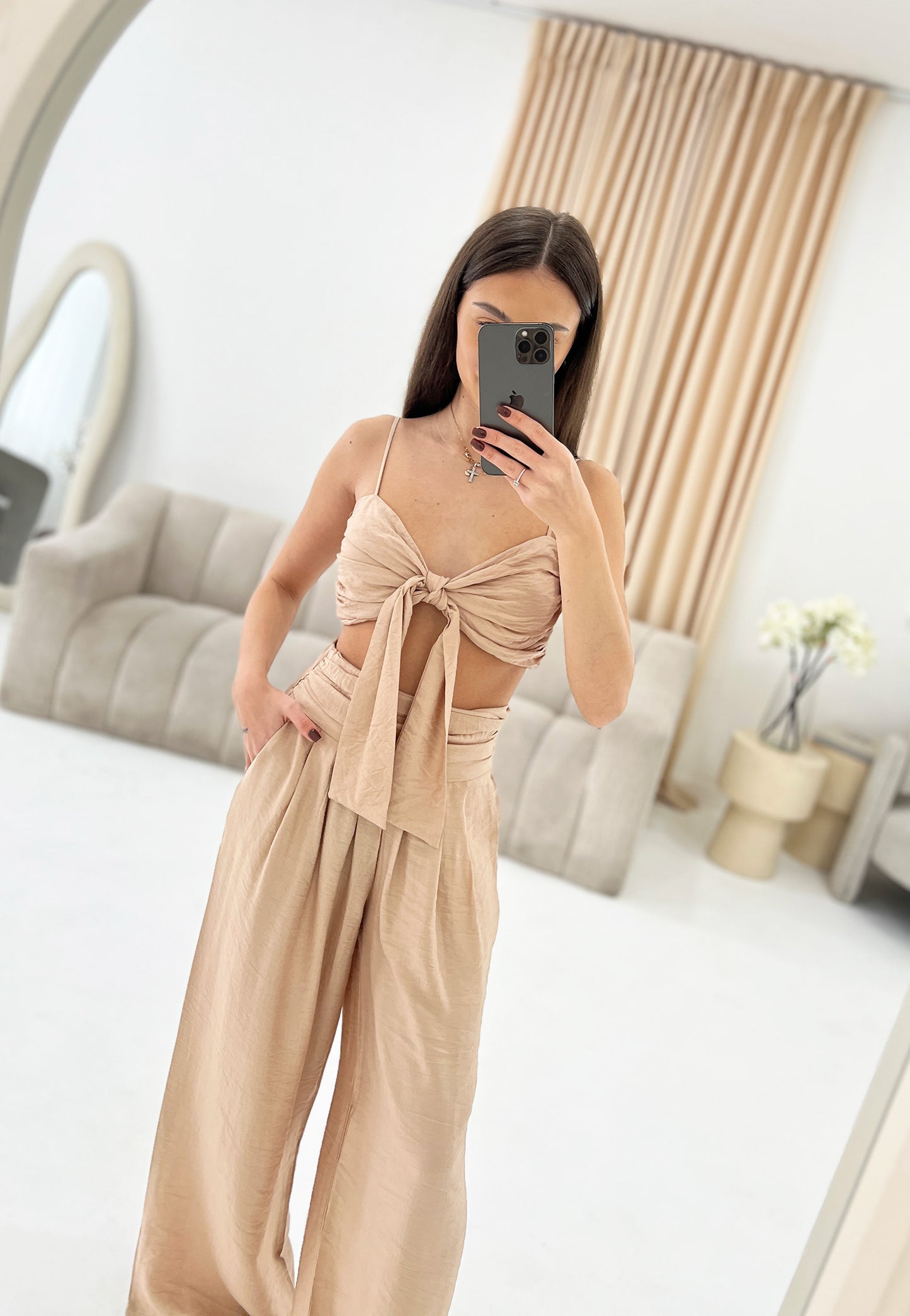 TIE FRONT TOP AND WIDE LEG TROUSER SET - Angeleene