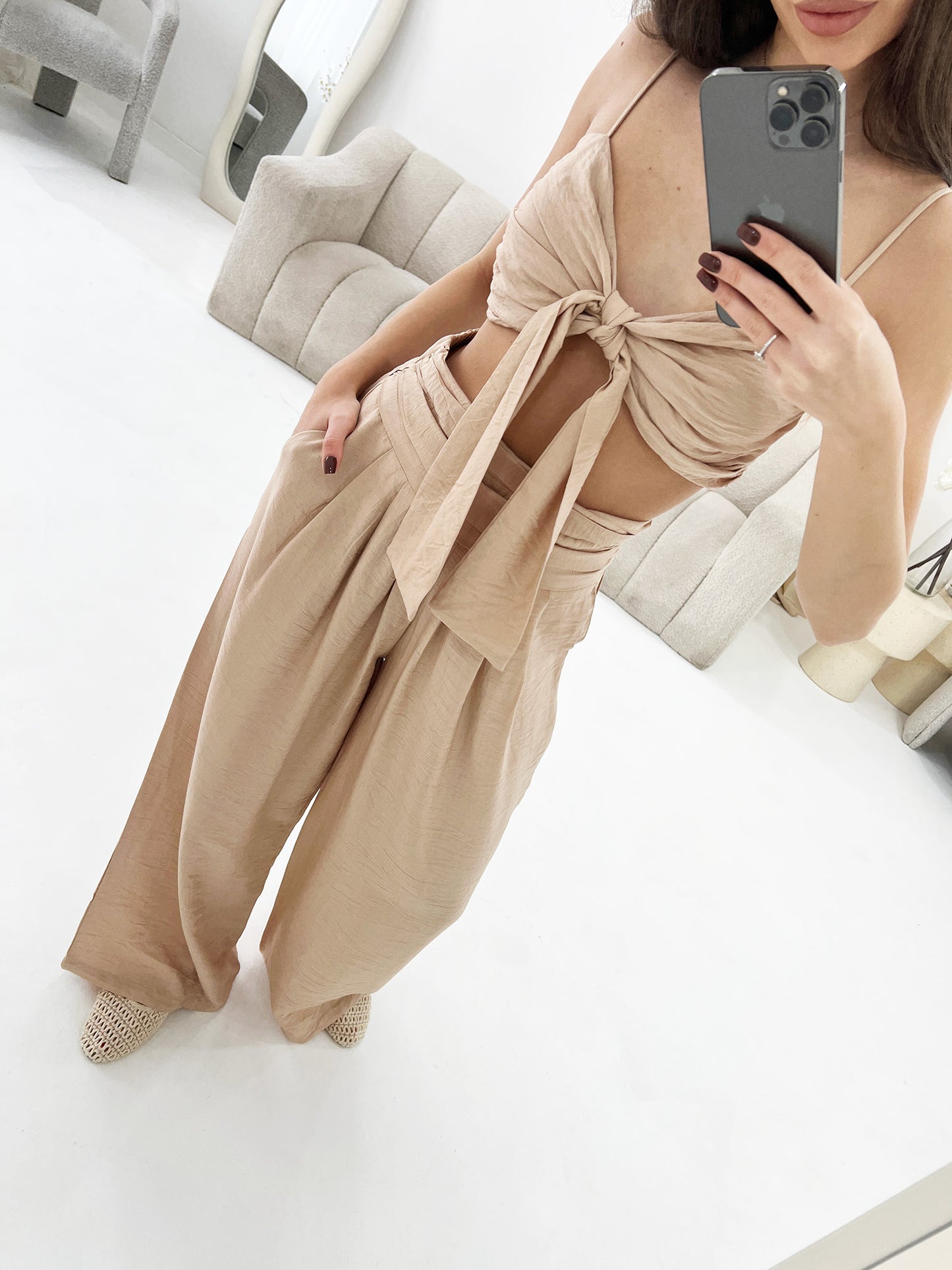 TIE FRONT TOP AND WIDE LEG TROUSER SET - Angeleene