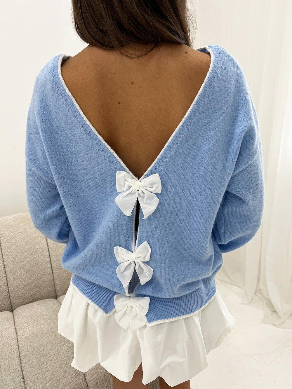 CONTRAST TRIM BOW BACK JUMPER IN BLUE - Angeleene