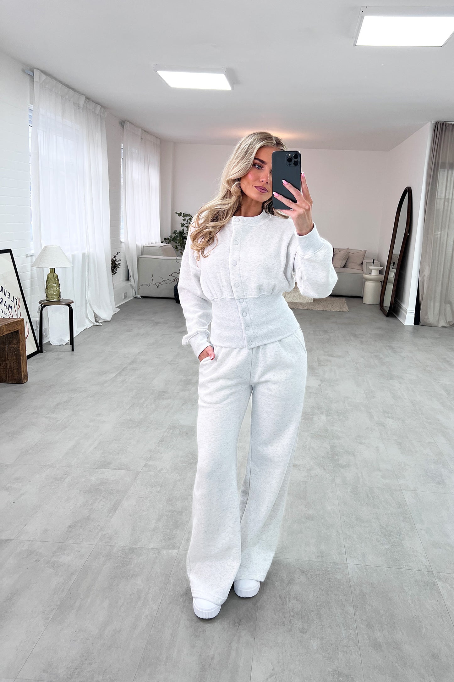 CINCHED BUTTON UP TOP AND JOGGER TRACKSUIT IN GREY MARL - Angeleene