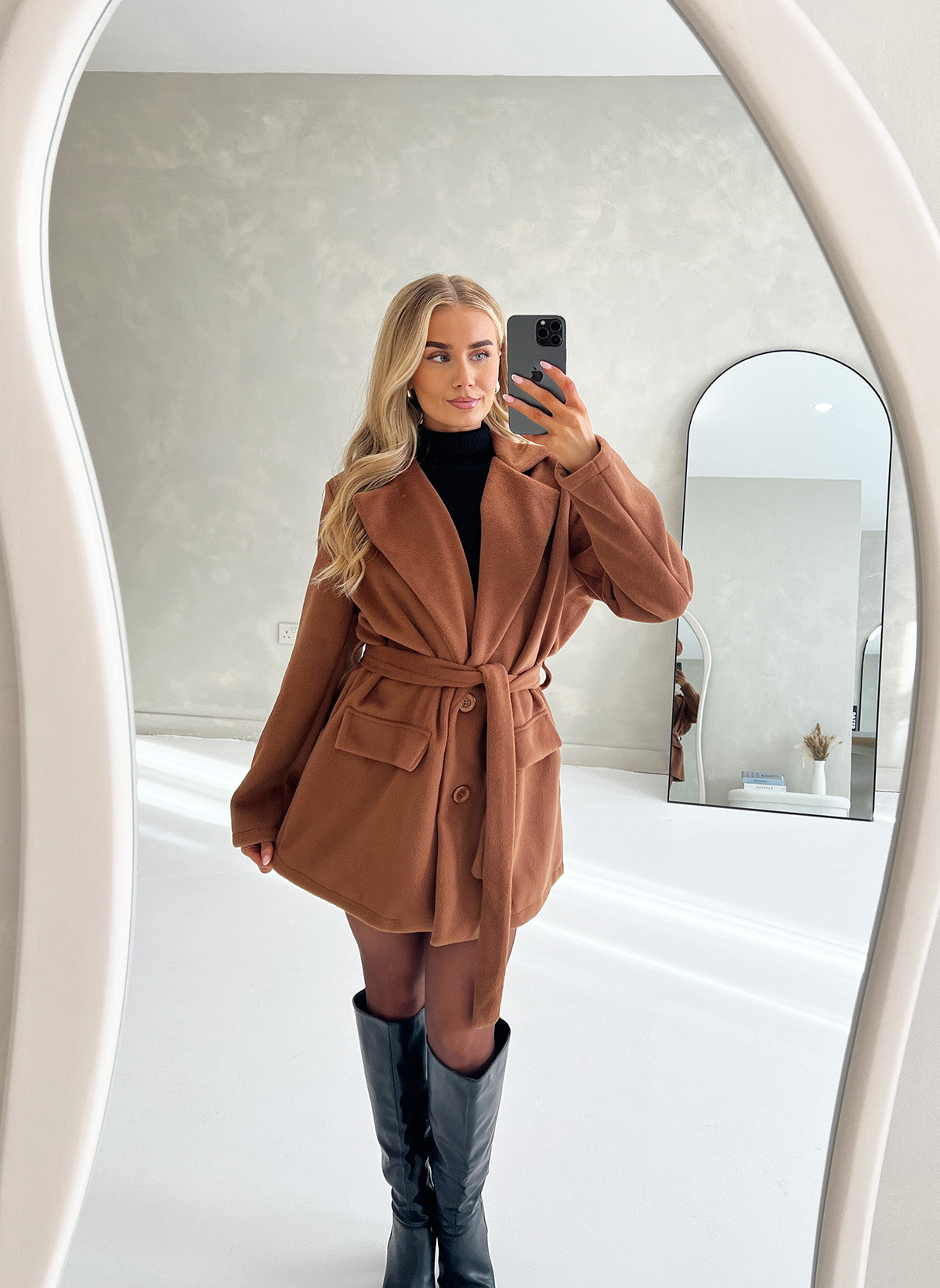 TIE BELT SOFT FEEL BUTTON UP COAT IN TAN - Angeleene