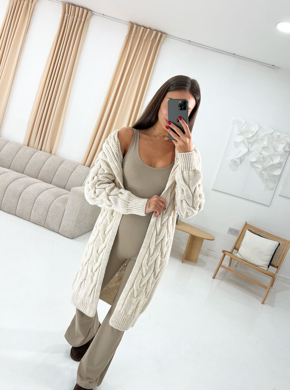 CABLE KNIT HOODED MIDI SWEATER CARDIGAN - Angeleene