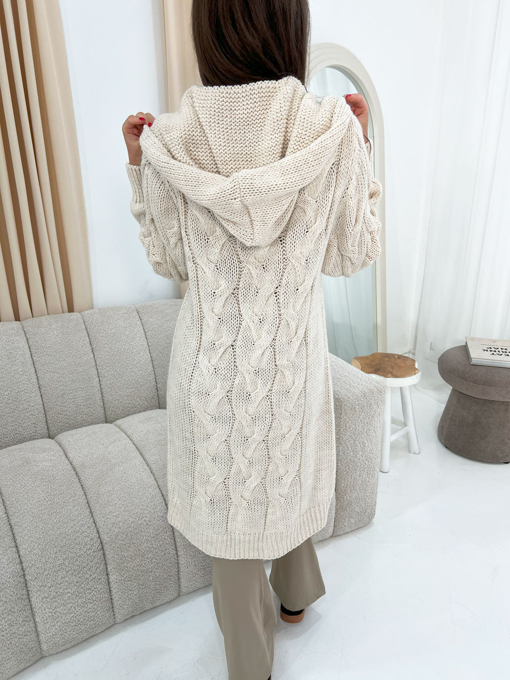 CABLE KNIT HOODED MIDI SWEATER CARDIGAN - Angeleene