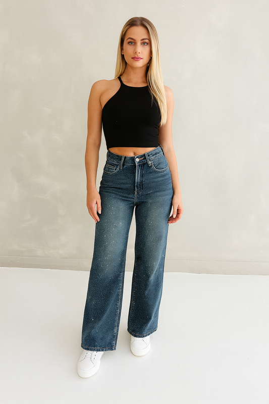 BLUE VINTAGE WASHED DIAMANTE RHINESTONE JEANS