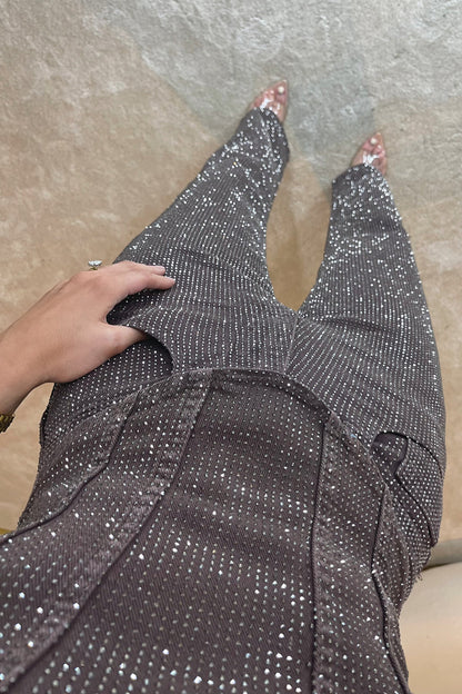 DIAMANTE RHINESTONE DENIM JEANS IN CHOCOLATE