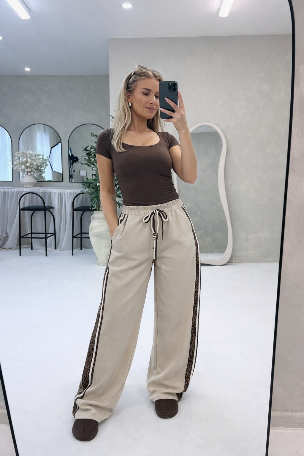 BEIGE WIDE LEG JOGGERS WITH CONTRAST LEOPARD PRINT - Angeleene