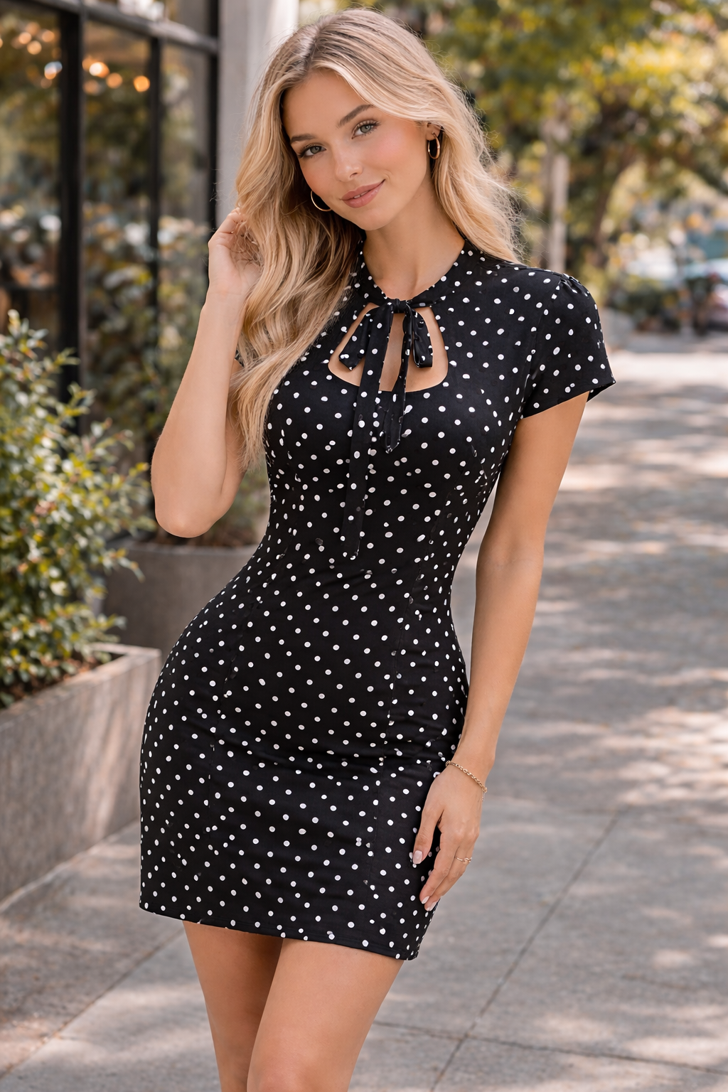 POLKA DOT SQUARE NECK TIE BOW MINI DRESS - Angeleene