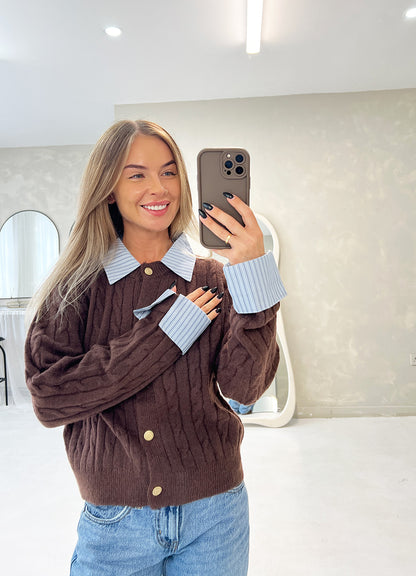 CABLE KNIT CREW NECK CARDIGAN IN CHOCOLATE