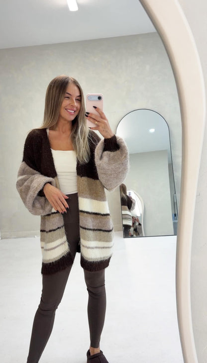 STRIPE KNITTED CARDIGAN IN CHOCOLATE