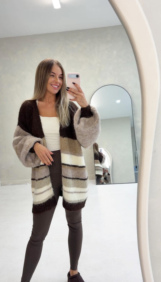STRIPE KNITTED CARDIGAN IN CHOCOLATE - Angeleene