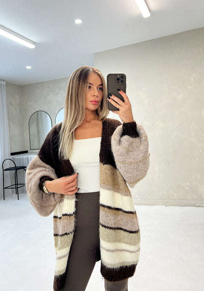 STRIPE KNITTED CARDIGAN IN CHOCOLATE