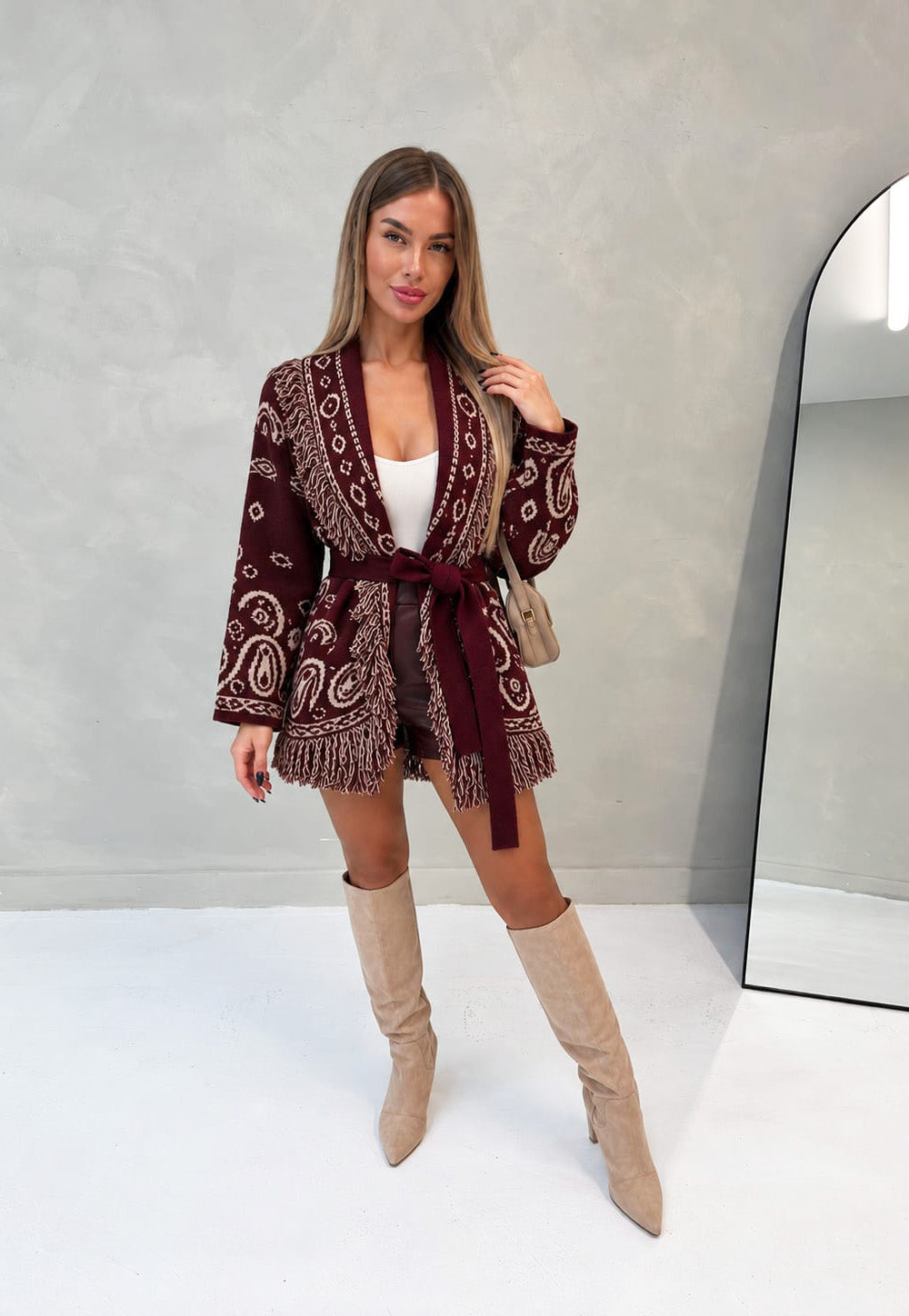PAISLEY PRINT BELTED KNITTED CARDIGAN IN BURGUNDY