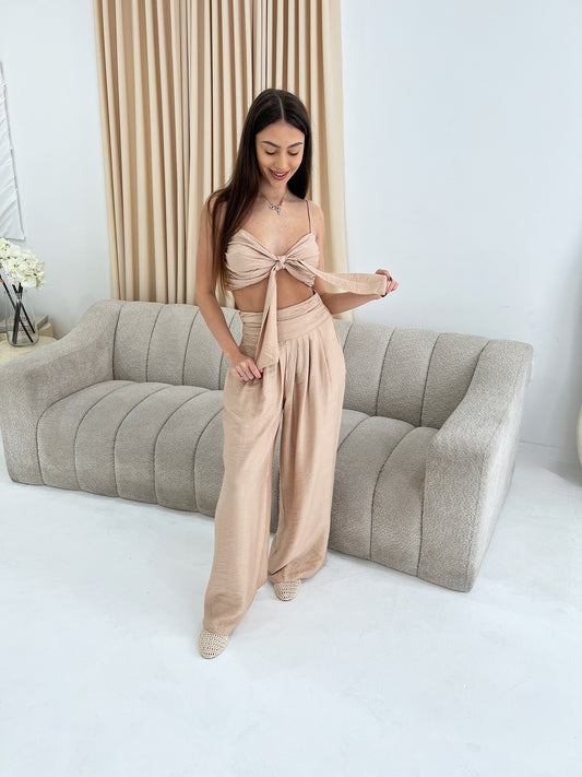 TIE FRONT TOP AND WIDE LEG TROUSER SET - Angeleene