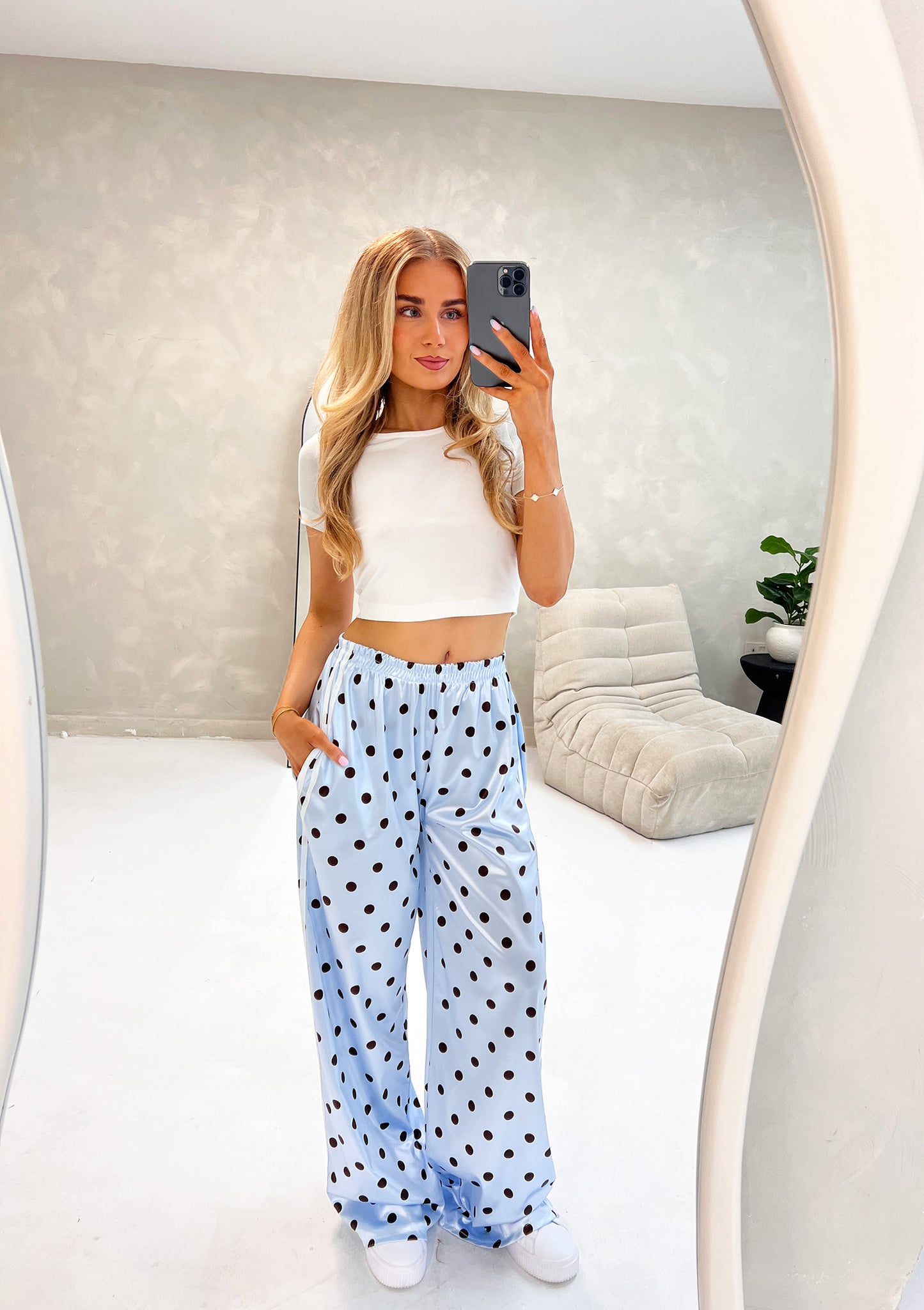 BLUE POLKA DOT SATIN TROUSERS
