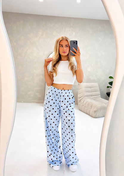 BLUE POLKA DOT SATIN TROUSERS
