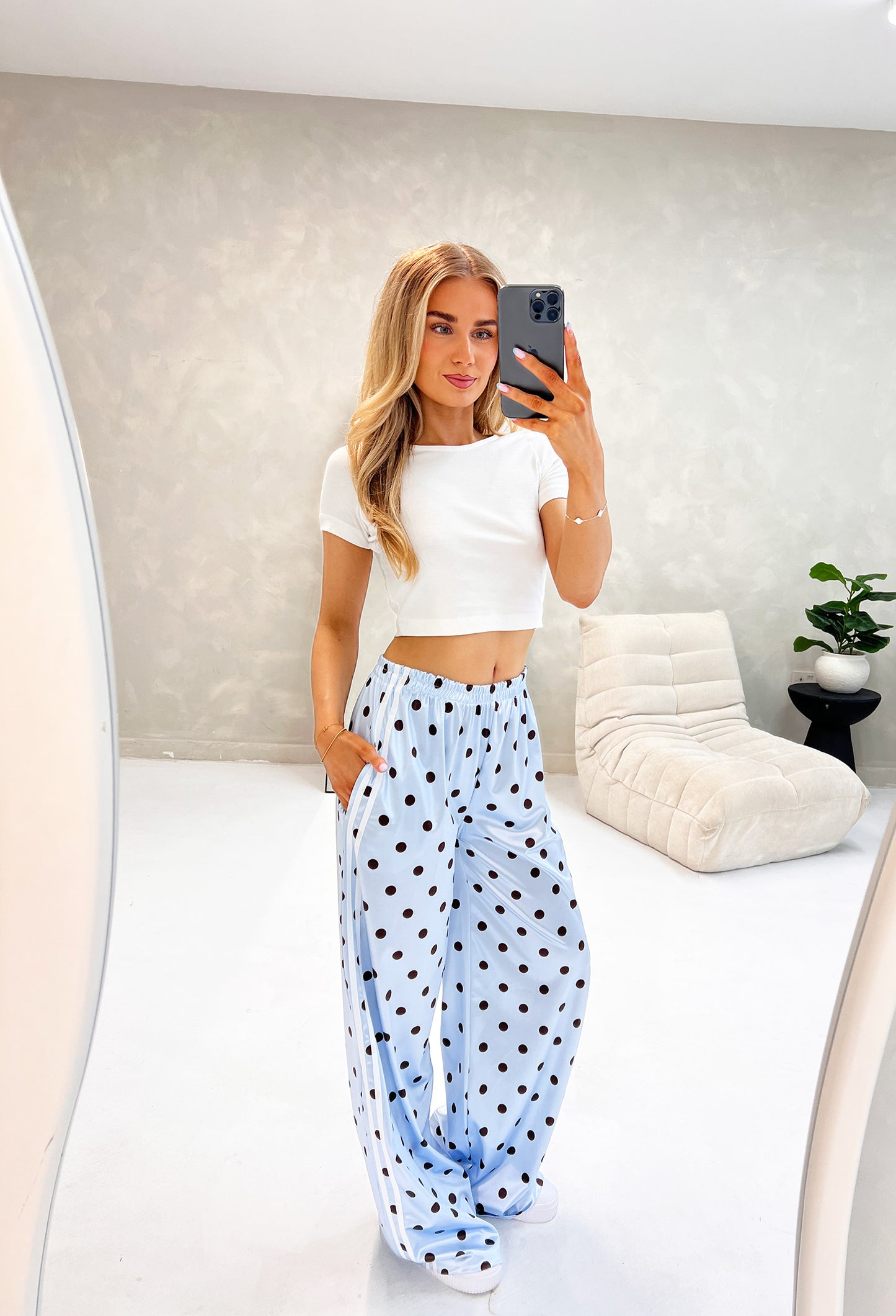 BLUE POLKA DOT SATIN TROUSERS