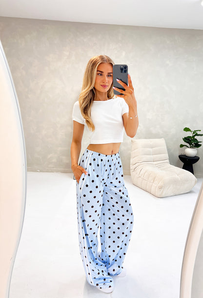 BLUE POLKA DOT SATIN TROUSERS