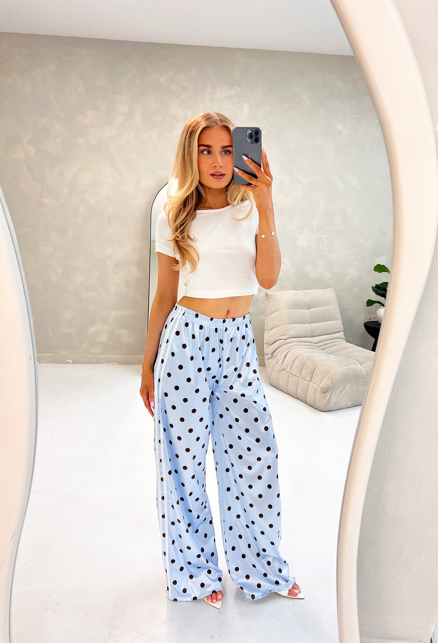 BLUE POLKA DOT SATIN TROUSERS