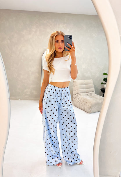 BLUE POLKA DOT SATIN TROUSERS