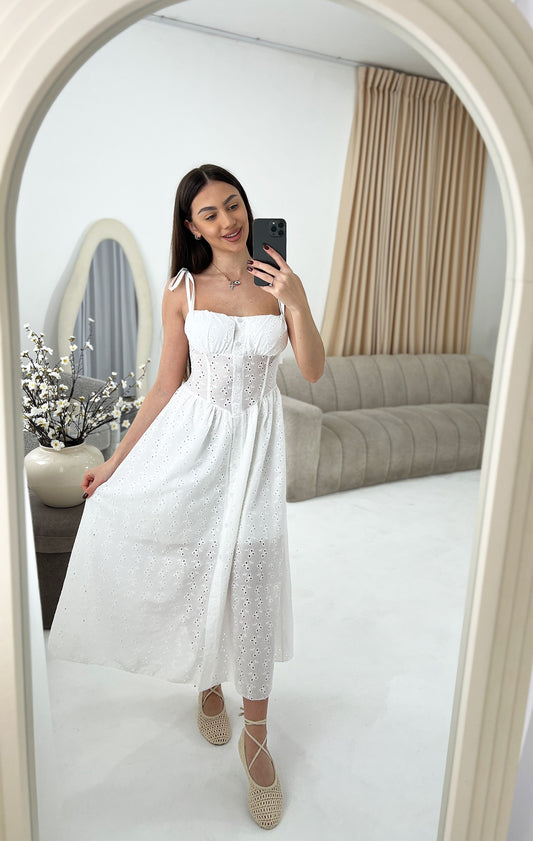 MIDAXI EMBROIDERED BUTTONED DRESS IN WHITE - Angeleene