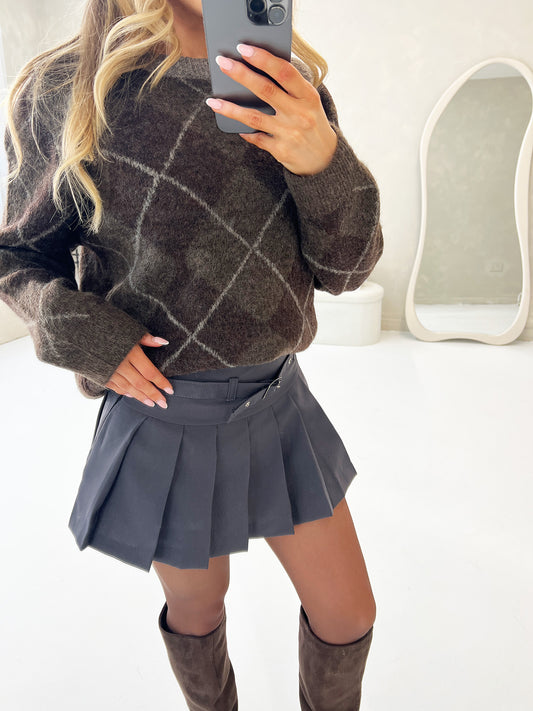 ARGYLE CREW NECK KNIT JUMPER IN BROWN - Angeleene