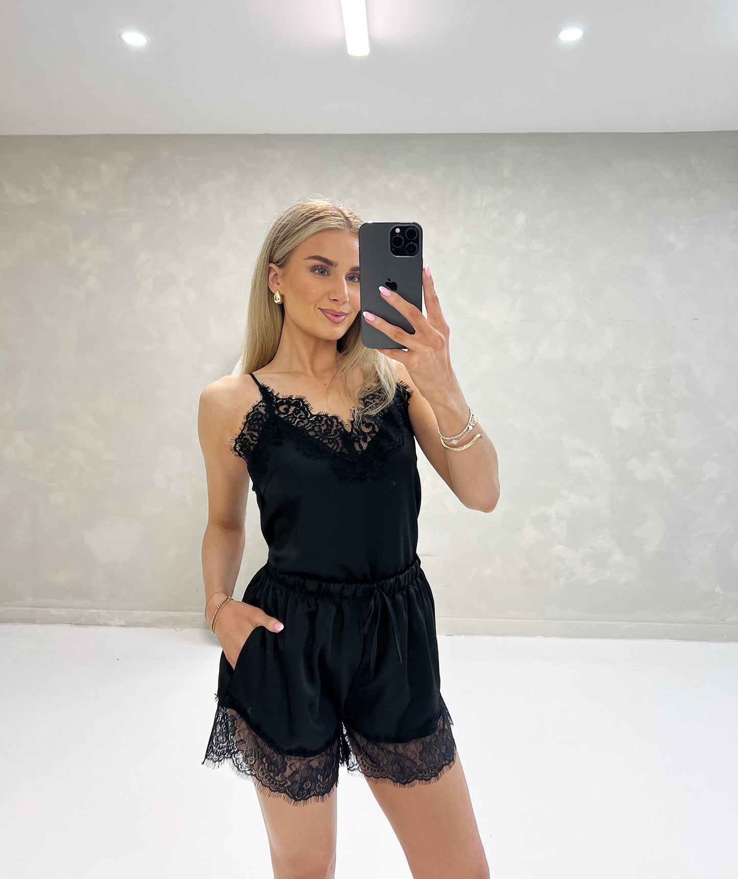 BLACK SATIN SHORTS WITH LACE TRIM - Angeleene