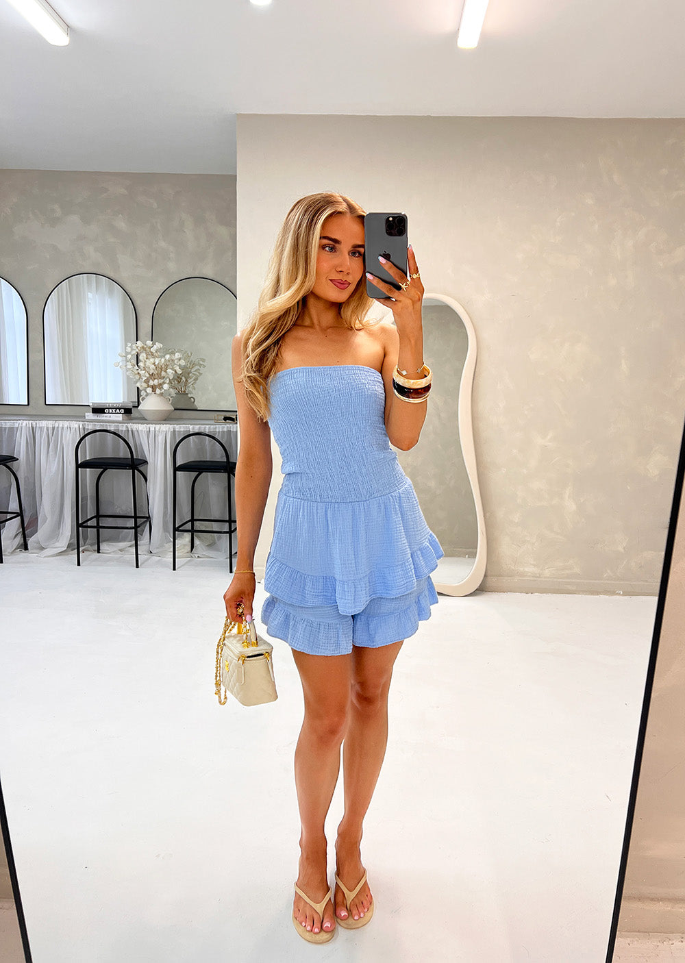 BLUE CHEESECLOTH BANDEAU PLAYSUIT - Angeleene