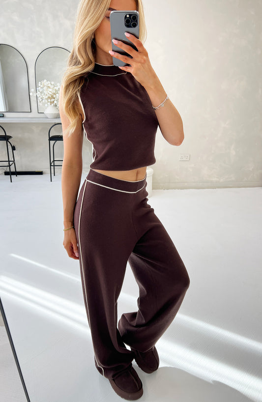 CONTRASTING STITCHING CO-ORD SET IN BROWN - Angeleene