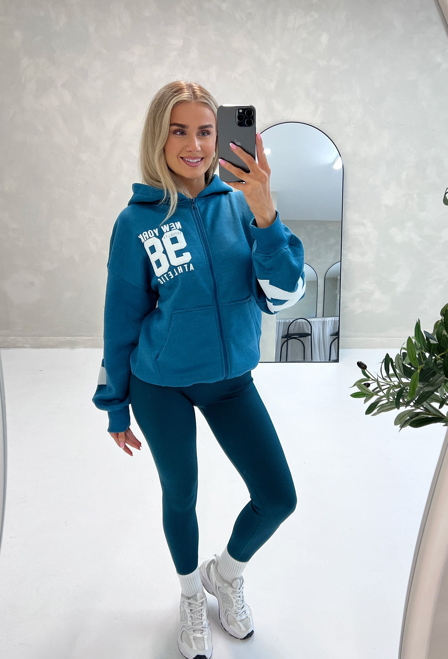 ZIP UP HOODIE NEW YORK SLOGAN IN PETROL BLUE - Angeleene