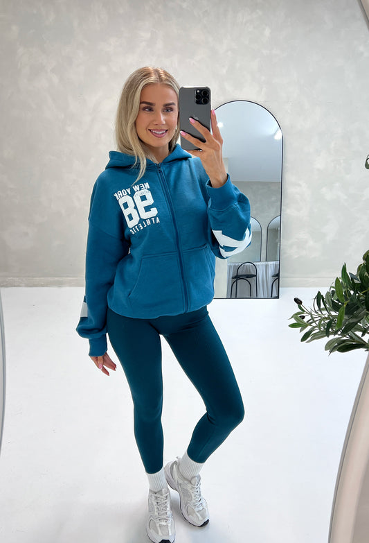 ZIP UP HOODIE NEW YORK SLOGAN IN PETROL BLUE - Angeleene