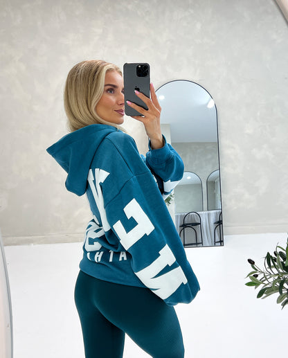 ZIP UP HOODIE NEW YORK SLOGAN IN PETROL BLUE - Angeleene