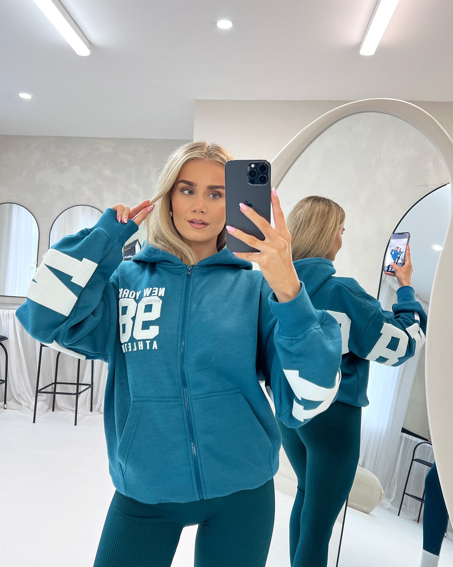 ZIP UP HOODIE NEW YORK SLOGAN IN PETROL BLUE - Angeleene
