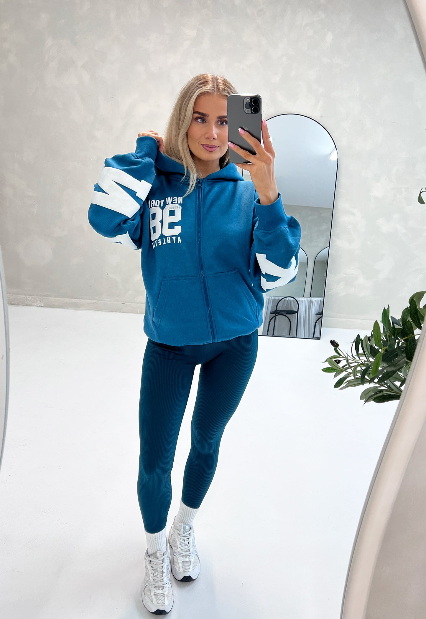 ZIP UP HOODIE NEW YORK SLOGAN IN PETROL BLUE - Angeleene