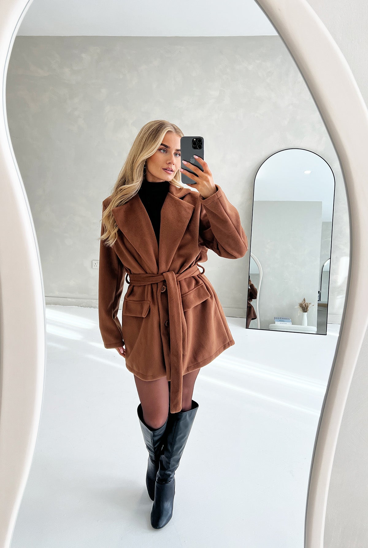 TIE BELT SOFT FEEL BUTTON UP COAT IN TAN - Angeleene