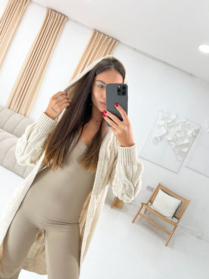 CABLE KNIT HOODED MIDI SWEATER CARDIGAN - Angeleene