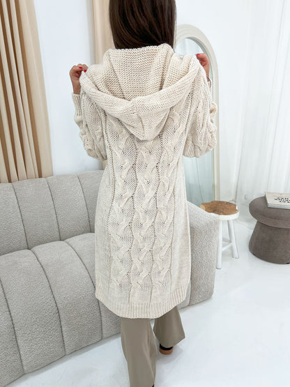 CABLE KNIT HOODED MIDI SWEATER CARDIGAN - Angeleene