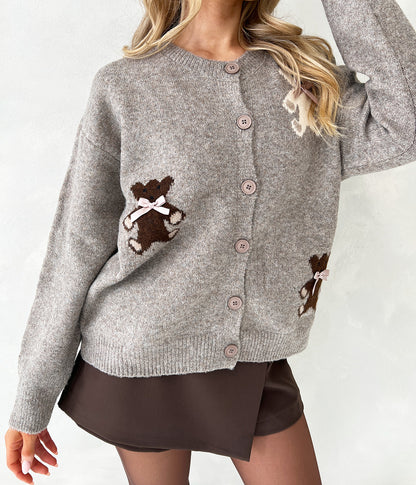 TEDDY BEAR PRINT DETAIL BUTTON UP CARDIGAN - Angeleene