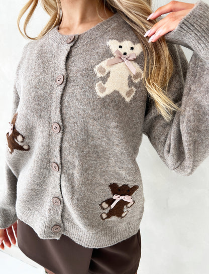 TEDDY BEAR PRINT DETAIL BUTTON UP CARDIGAN - Angeleene