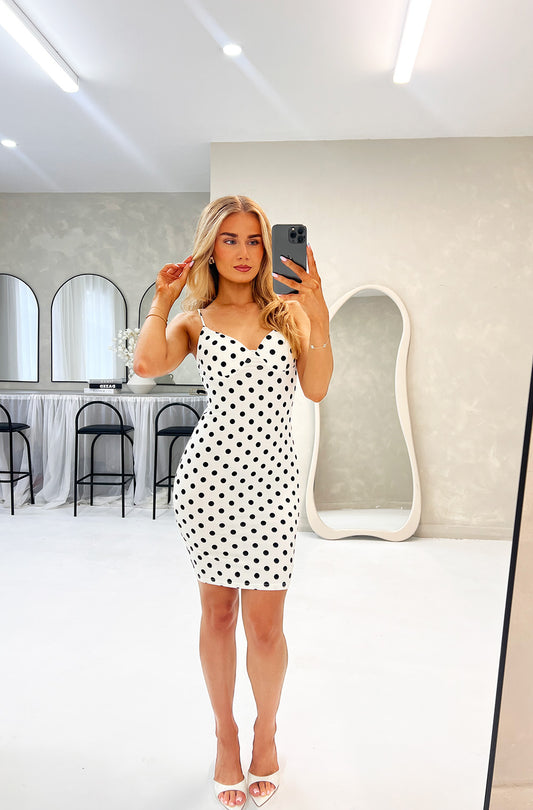 POLKA DOT BUSTIER MIDI DRESS
