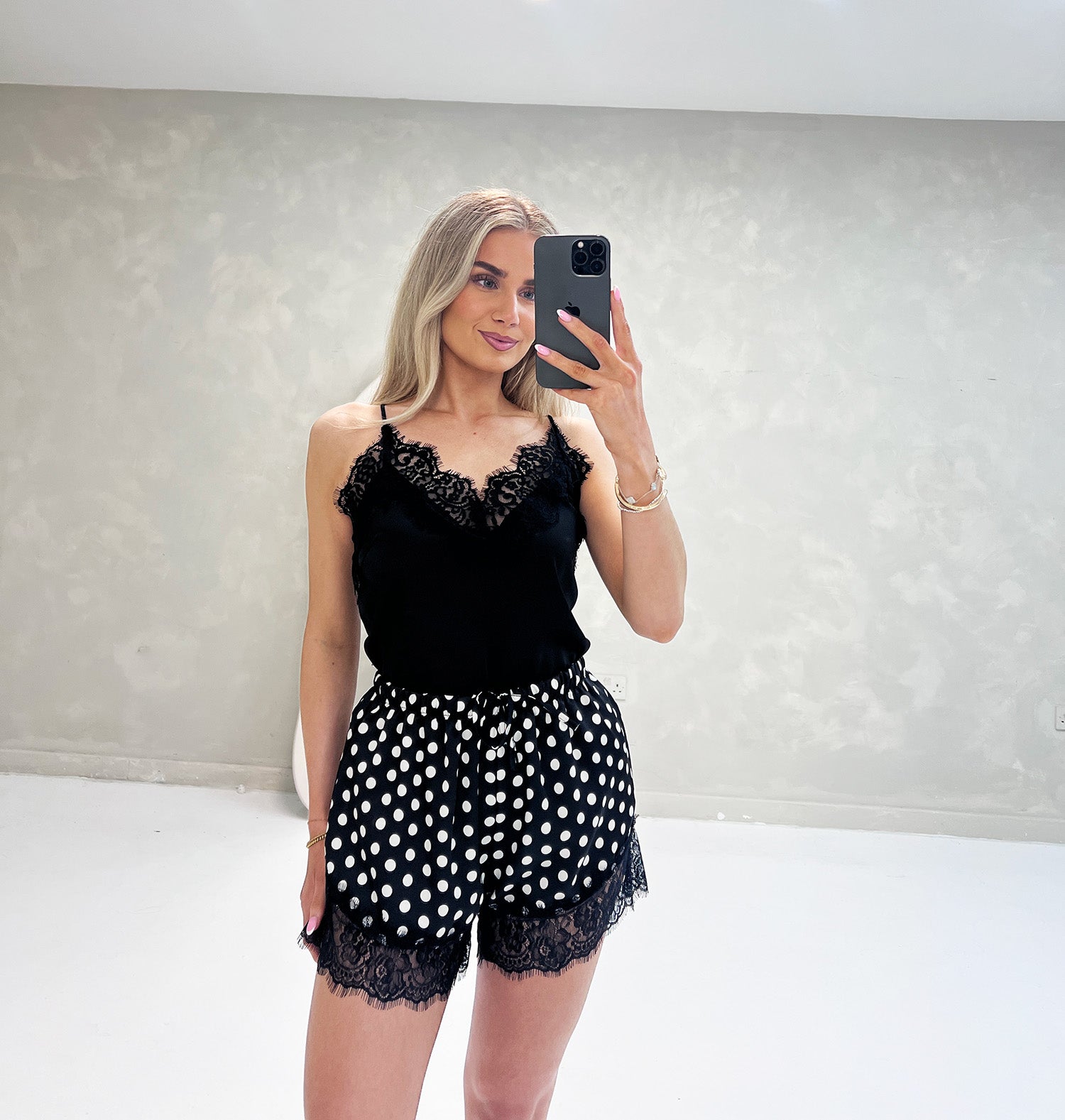 POLKA DOT BLACK LACE TRIM SATIN SHORTS - Angeleene