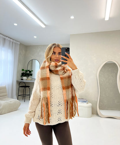 RUST FLUFFY KNITTED TARTAN TASSEL SCARF - Angeleene