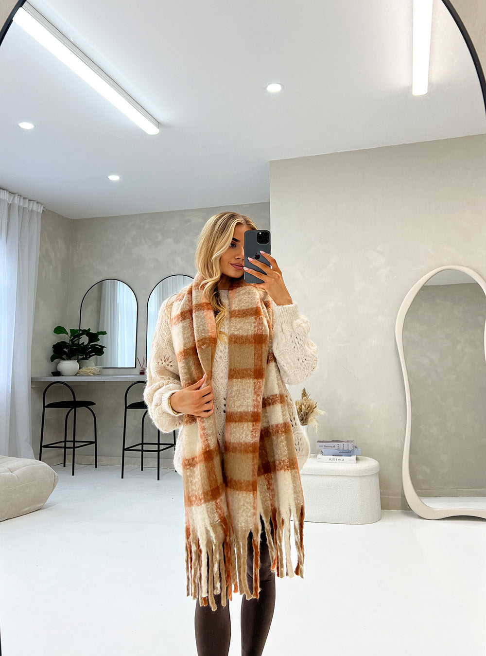 RUST FLUFFY KNITTED TARTAN TASSEL SCARF - Angeleene