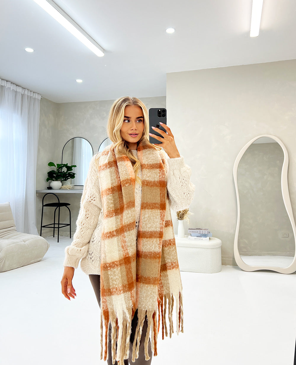 RUST FLUFFY KNITTED TARTAN TASSEL SCARF - Angeleene