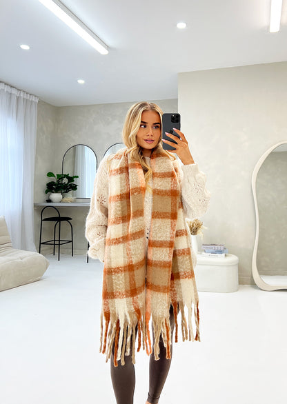 RUST FLUFFY KNITTED TARTAN TASSEL SCARF - Angeleene