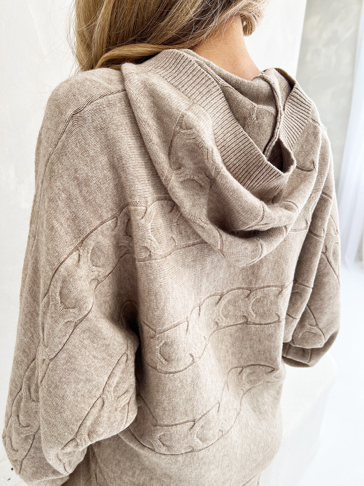 KNITTED HOODED TOP AND WIDE LEG LOUNGE SET IN BEIGE - Angeleene